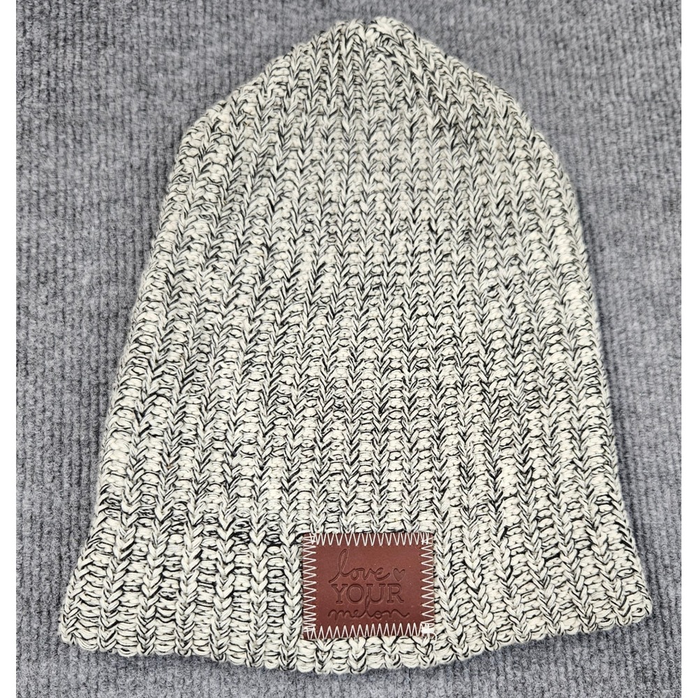 Love Your Melon Beanie Hat Black White Marled Ribbed Knit Cotton USA Made Logo